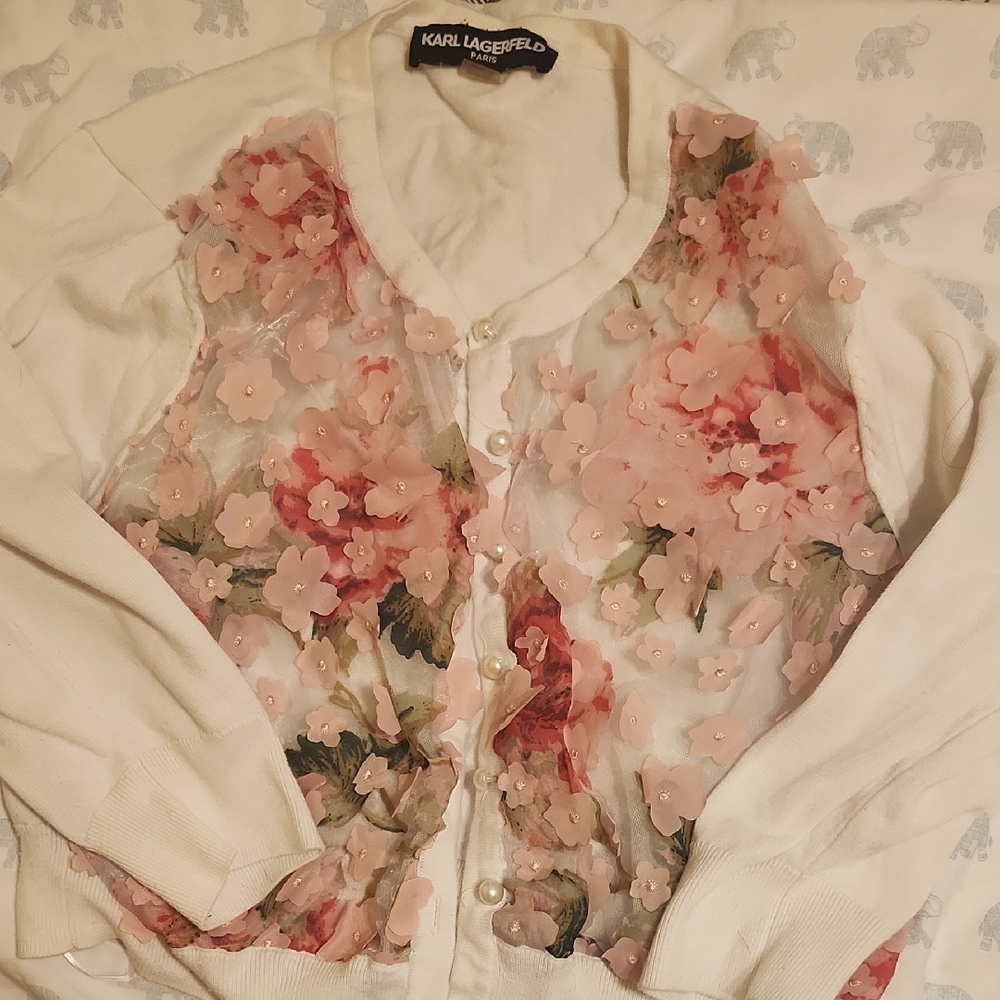 Karl Lagerfeld Women's Floral Cardigan - White and Pink
